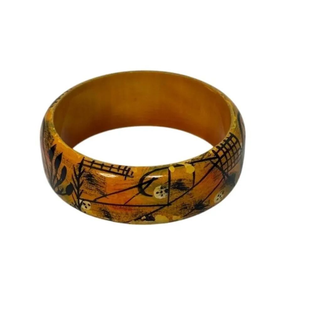 Vintage 70s Painted Wooden Bangle Bracelet Retro Boho India Yellow Orange Black